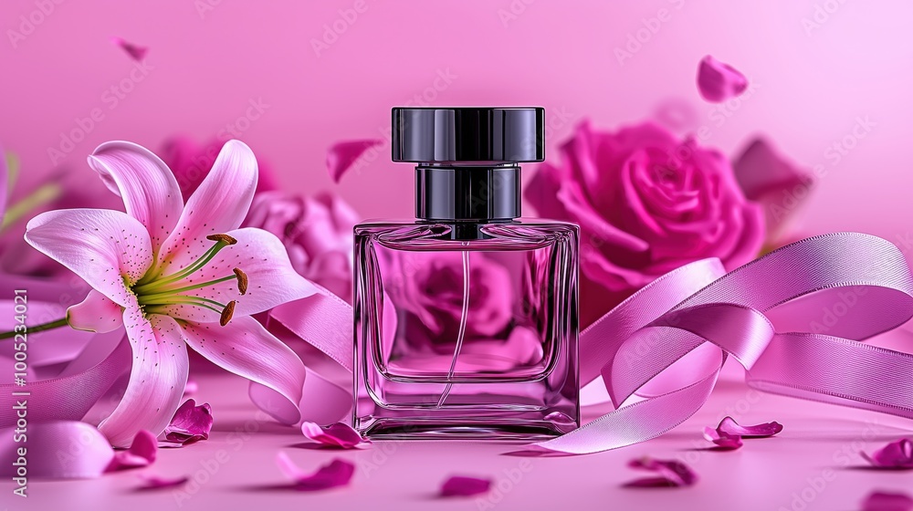 Elegant Perfume Bottle Surrounded by Pink Roses, Lilies, and Flowing Ribbons, Capturing the Essence of Femininity, Fragrance, and Beauty in a Luxurious and Romantic Floral Setting Elegant Perfume Bottle Surrounded by Pink Roses, Lilies, and Flowing Ribbons, Capturing the Essence of Femininity, Fragrance, and Beauty in a Luxurious and Romantic Floral Setting