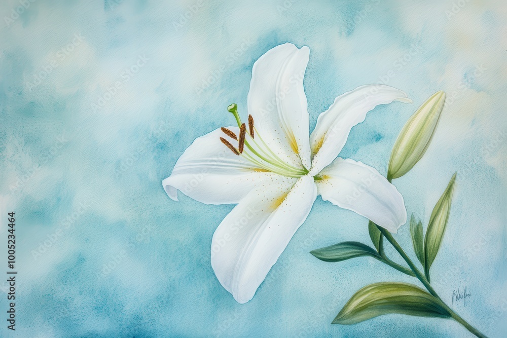 Watercolor Painting of a White Lily Flower with Green Leaves on a Light Blue Background. Watercolor Painting of a White Lily Flower with Green Leaves on a Light Blue Background.