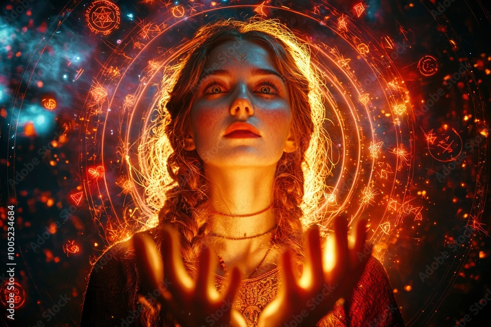 A Woman Surrounded by Glowing Magic Circles and Symbols A Woman Surrounded by Glowing Magic Circles and Symbols
