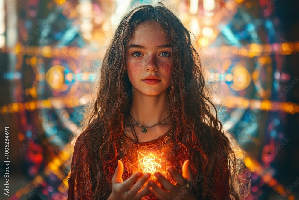 A Young Woman with Long Curly Hair Holds a Glowing Orb in Front of a Blurry Background of Lights and Colors A Young Woman with Long Curly Hair Holds a Glowing Orb in Front of a Blurry Background of Lights and Colors