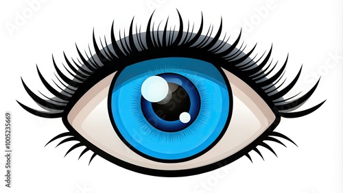 Whimsical, anthropomorphic cartoon eye with bright blue iris, bold black outline, and floppy eyelashes, peering out with curiosity and friendliness on a white background.