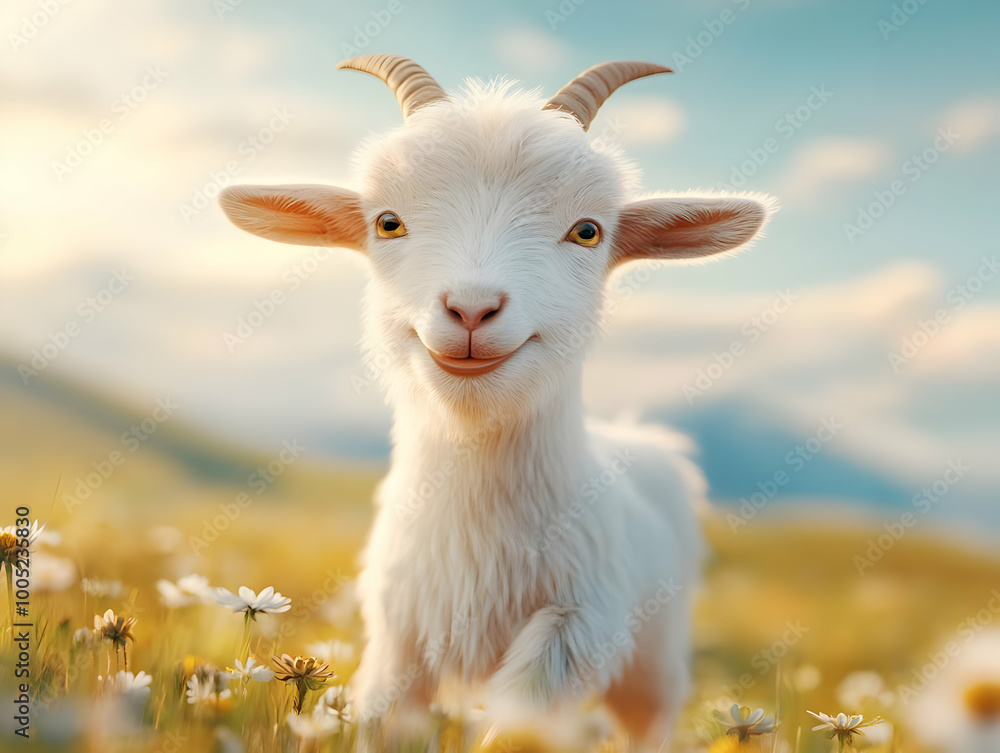 Fototapeta premium Cute goat standing in a field of flowers, smiling under a sunny sky.