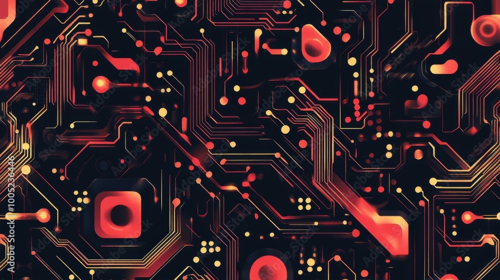Abstract digital circuit board pattern with glowing red and yellow accents. Abstract digital circuit board pattern with glowing red and yellow accents.