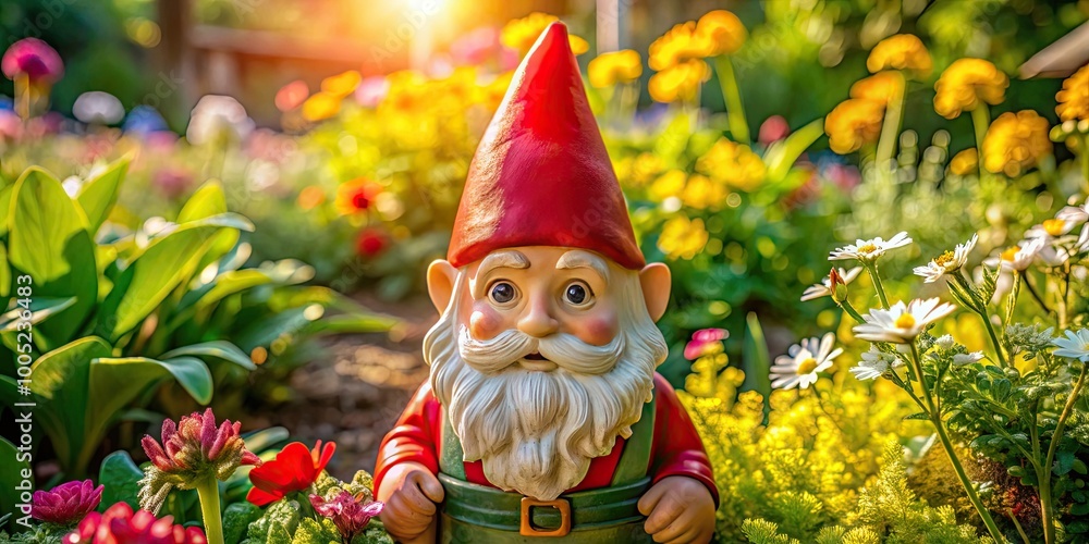 Whimsical ceramic garden gnome with bright red pointed hat and white beard, surrounded by vibrant flowers and lush greenery in a sunny outdoor setting. Whimsical ceramic garden gnome with bright red pointed hat and white beard, surrounded by vibrant flowers and lush greenery in a sunny outdoor setting.