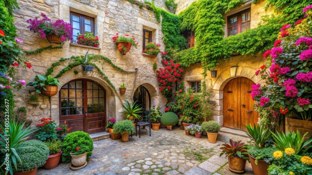 Fototapeta premium Serene Mediterranean courtyard with lush greenery, colorful flowers, and rustic stone walls , Mediterranean, courtyard