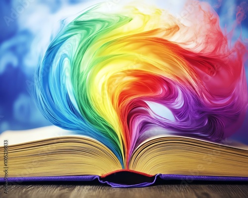 An open book releasing vibrant, colorful swirls, representing imagination, creativity, and the magical power of storytelling.