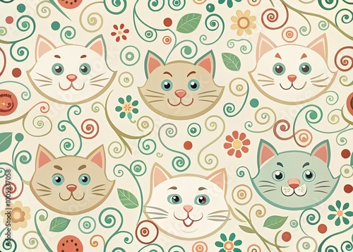 Whimsical feline-inspired design featuring repeating patterns of stylized cat faces, playful paws, and swirling tendrils in pastel hues on a creamy white background. photo