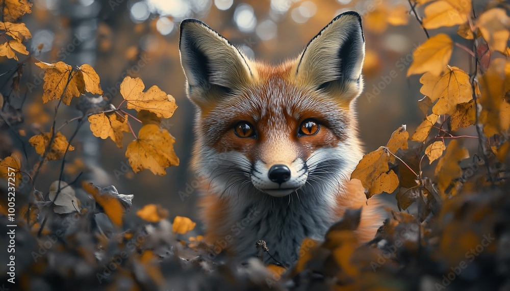 Fototapeta premium A red fox with bright orange eyes stares intently at the camera from behind a thicket of fall leaves.