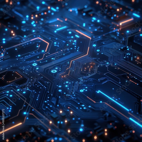 Abstract Futuristic Circuit Board with Glowing Blue and Orange Lines - Technology Background.