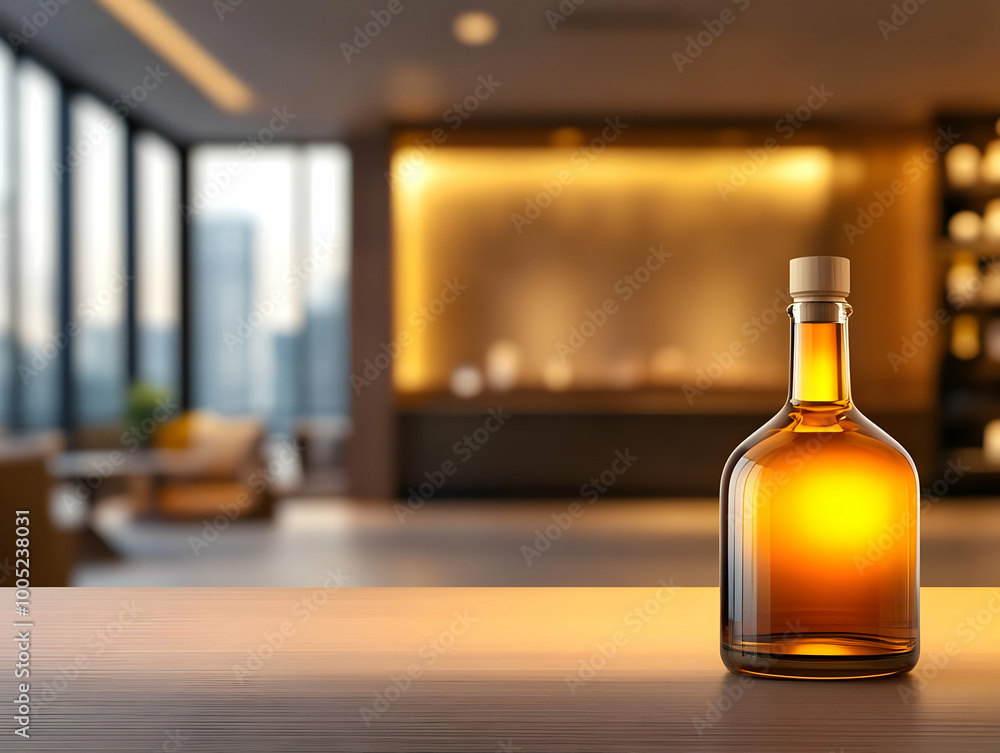 Elegant glass bottle of amber whiskey on a wooden table in a contemporary lounge setting. Elegant glass bottle of amber whiskey on a wooden table in a contemporary lounge setting.