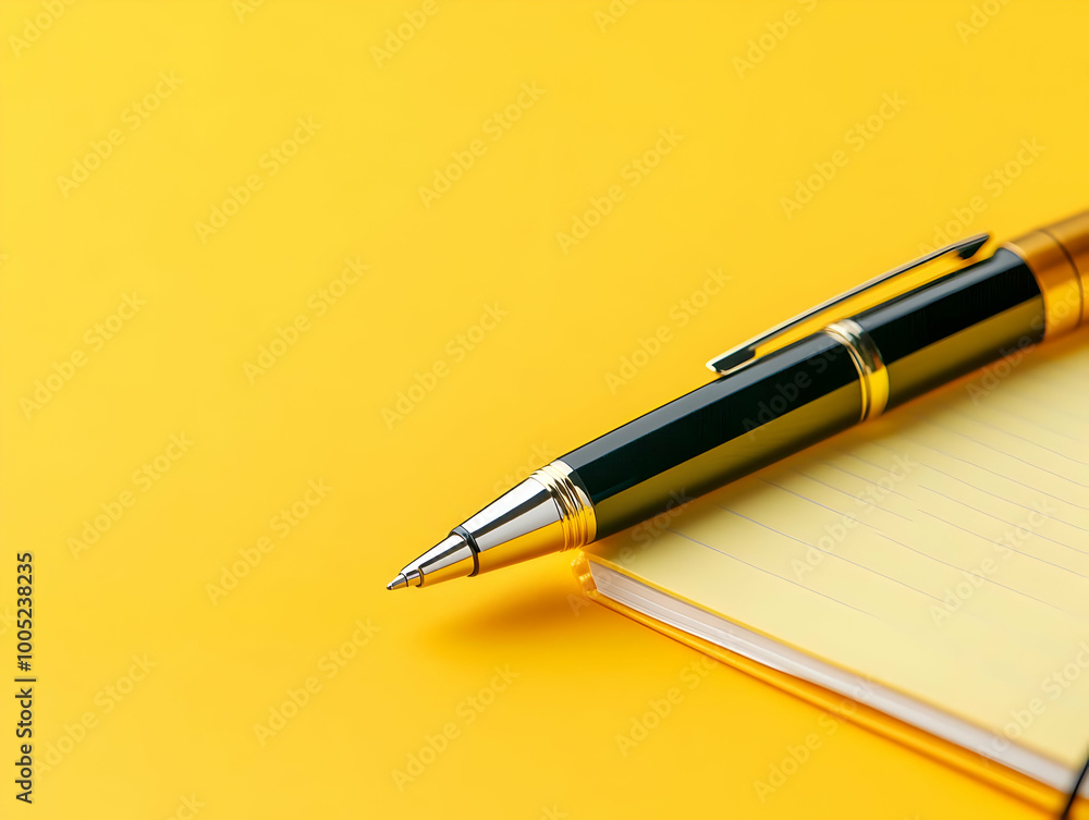 Elegant pen on a notepad against a vibrant yellow background, perfect for creative inspiration and notes. Elegant pen on a notepad against a vibrant yellow background, perfect for creative inspiration and notes.