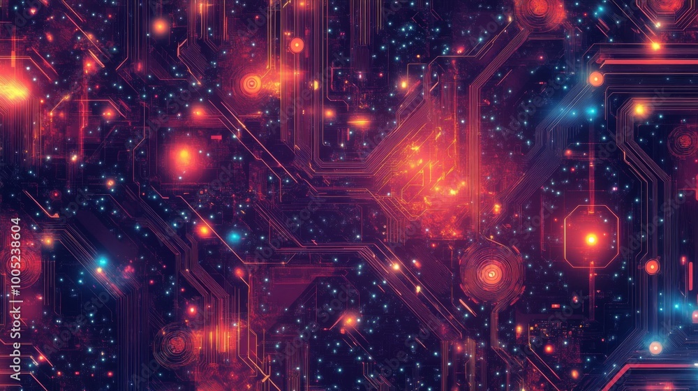 Abstract digital circuit board with glowing lights. Abstract digital circuit board with glowing lights.
