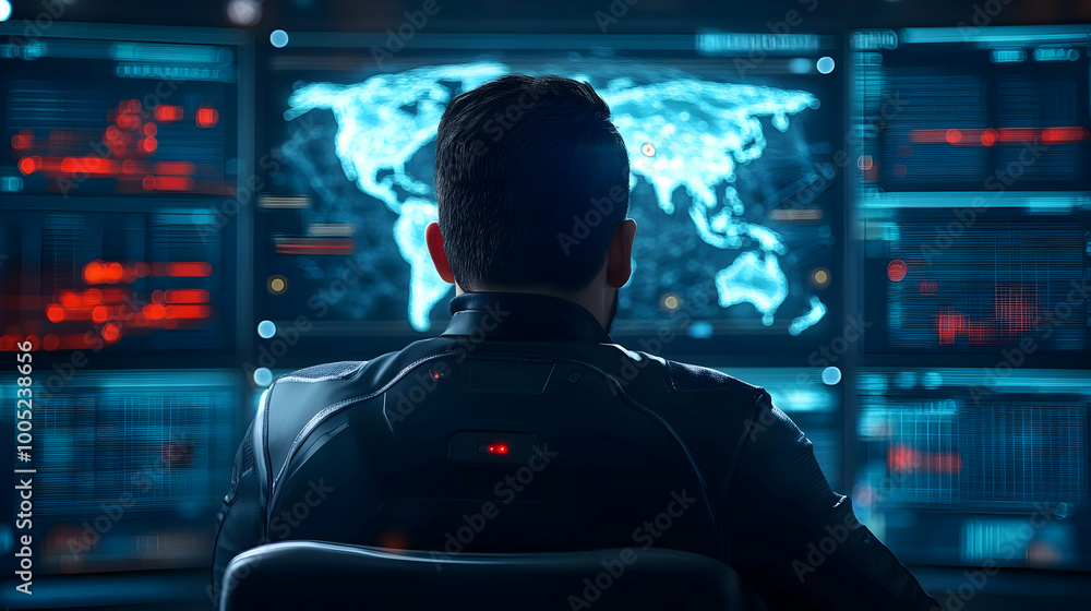 Man monitoring digital world map on screens in a high-tech control room, focused on data analysis and geo-tracking. Man monitoring digital world map on screens in a high-tech control room, focused on data analysis and geo-tracking.