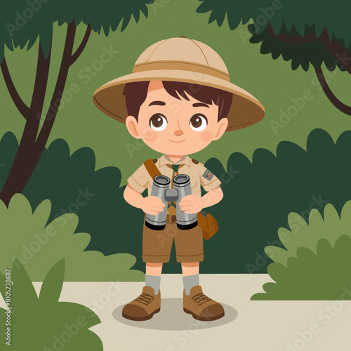 Boy scout holding binoculars in the forest.