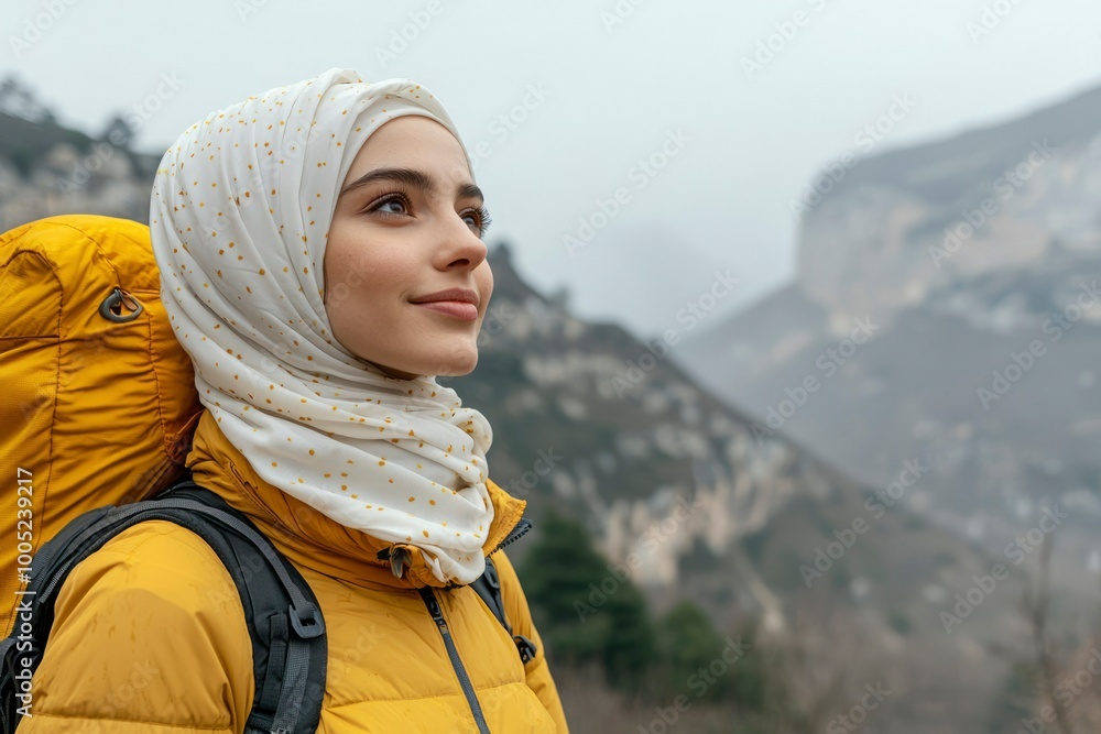 Woman in a White Scarf and Yellow Jacket, Looking up at Mountains Woman in a White Scarf and Yellow Jacket, Looking up at Mountains