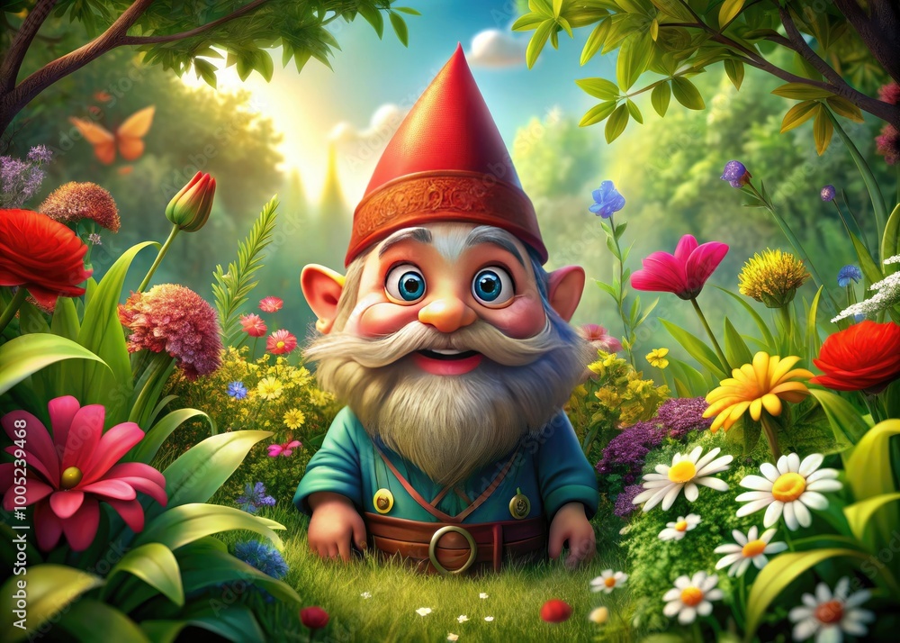 Obraz premium Whimsical illustration of a cheerful, bearded gnome in a pointed red hat, surrounded by lush greenery and vibrant flowers in a fantastical garden setting.