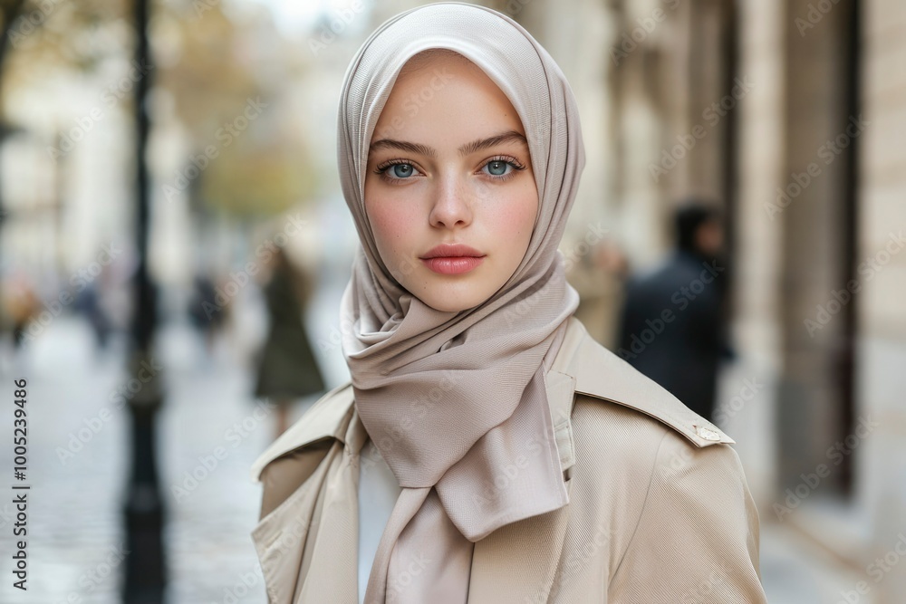A young woman wearing a beige hijab and trench coat in an urban setting A young woman wearing a beige hijab and trench coat in an urban setting