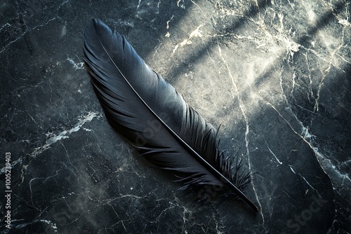 A single black feather resting on a dark marble surface illuminated by natural light in a serene indoor setting. Generative AI photo