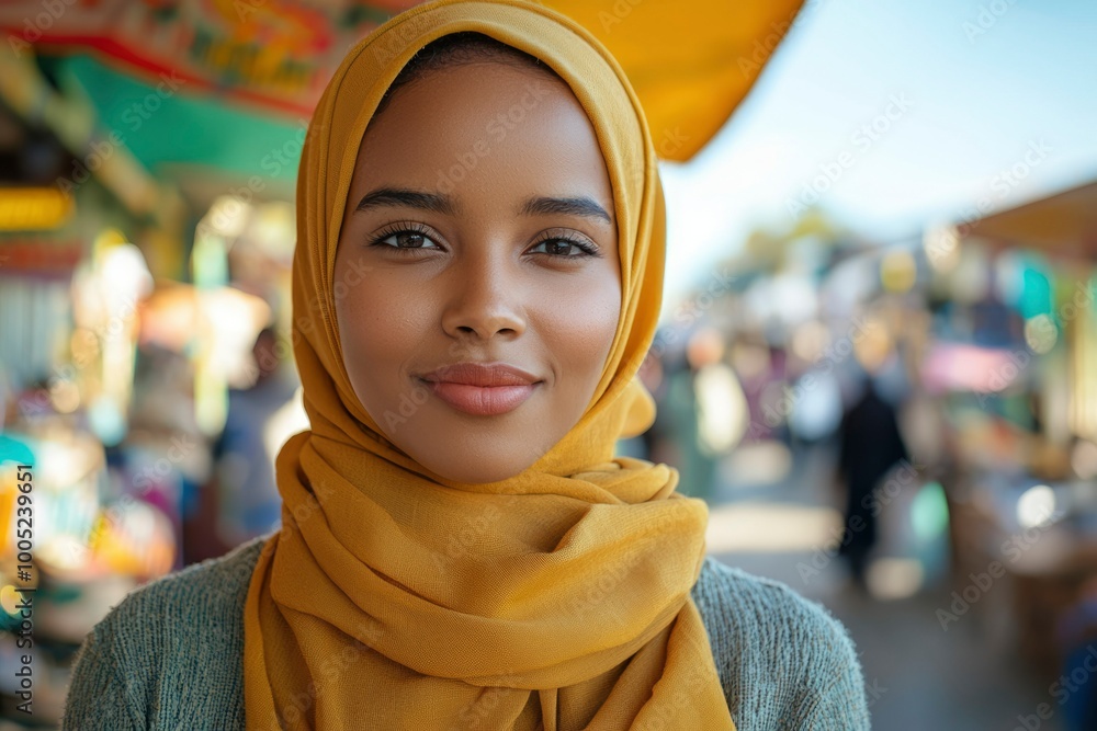 Close-up portrait of a woman wearing a yellow headscarf Close-up portrait of a woman wearing a yellow headscarf