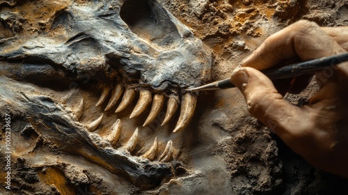 Close-up of an archaeologist carefully excavating a fossilized dinosaur skull with sharp teeth, showcasing detailed and meticulous work.