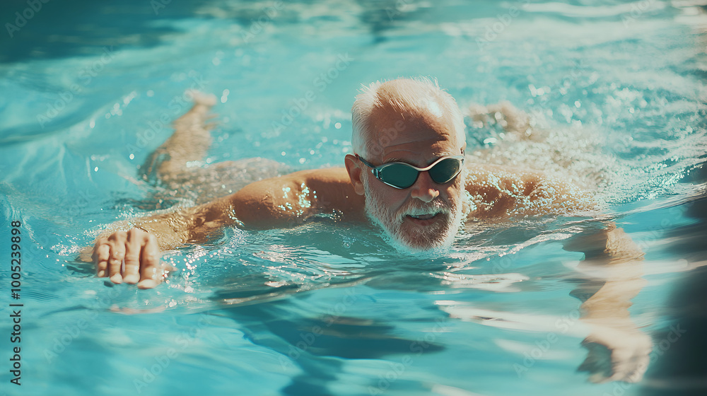 Naklejka premium Senior man swimming laps in sunny outdoor pool to stay fit