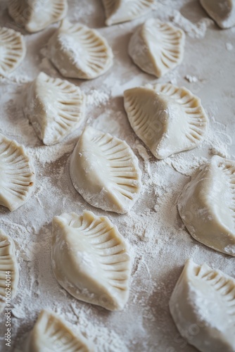 Close-up of freshly made dumplings on a floured surface, showcasing the intricate folds and texture of the dough. photo