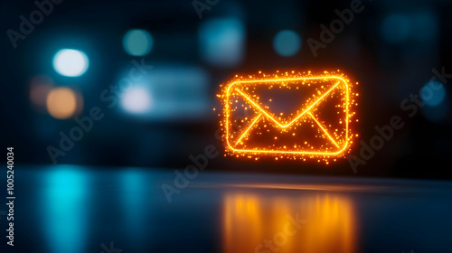 Glowing orange email icon with sparkles on a blurred background, representing digital communication. photo