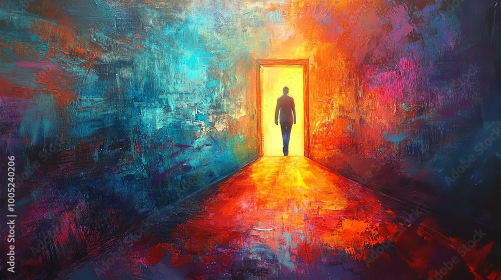A silhouette of a person walking through a vibrant, colorful hallway with a bright light at the end, symbolizing hope and new beginnings. A silhouette of a person walking through a vibrant, colorful hallway with a bright light at the end, symbolizing hope and new beginnings.