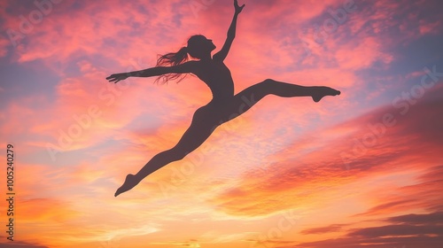 Silhouette of a Woman Jumping with Arms Raised High in the Air at Sunset.