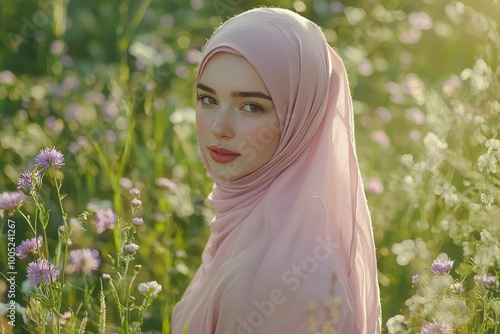 A Woman in a Pink Hijab Posing in a Field of Flowers