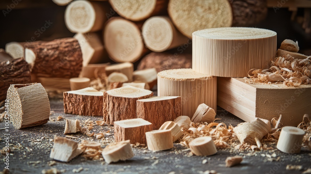 Fototapeta premium Close-up of wooden logs and shavings in a workshop setting, perfect for woodworking projects and carpentry visuals.