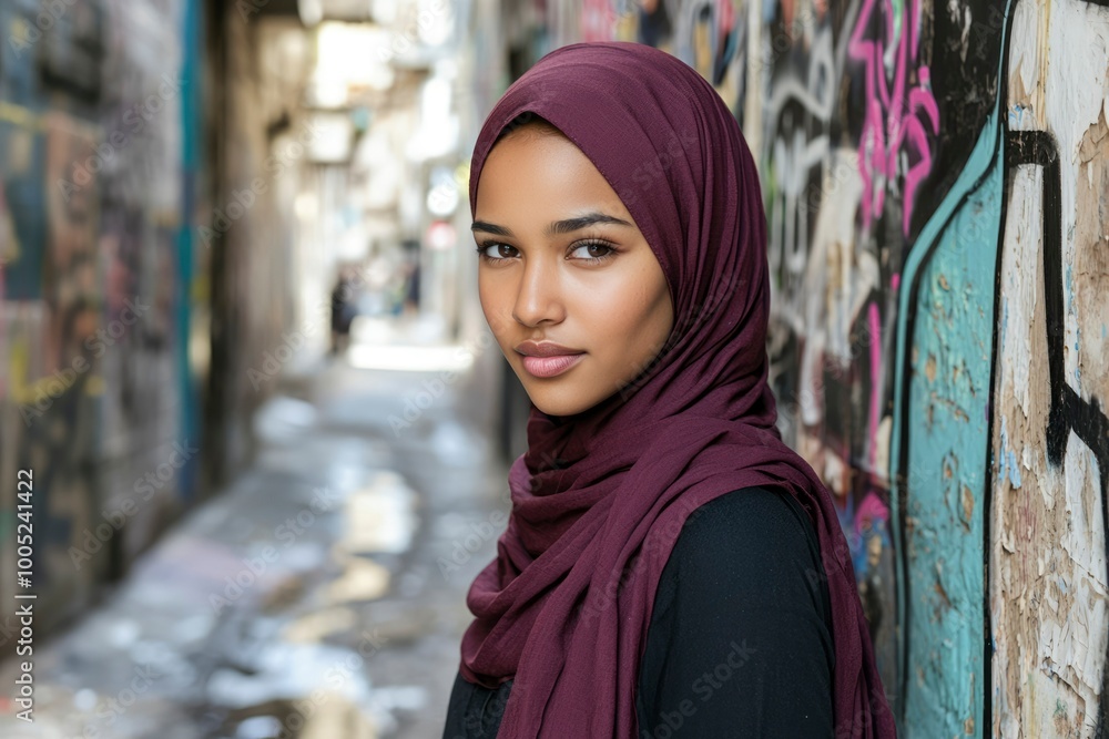 A Woman in a Burgundy Hijab Stands Near a Graffiti-Covered Wall A Woman in a Burgundy Hijab Stands Near a Graffiti-Covered Wall