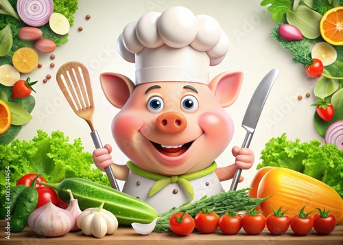 Whimsical illustration of a smiling cartoon ham wearing a chef's hat, standing on its side, surrounded by colorful kitchen utensils and fresh vegetables. photo