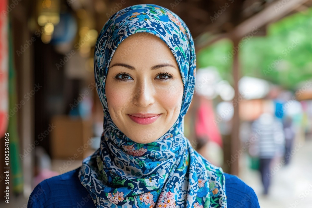 A Young Woman Wearing a Blue and Floral Patterned Headscarf A Young Woman Wearing a Blue and Floral Patterned Headscarf