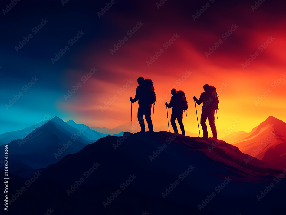 Silhouetted hikers on mountain peak at sunset against vibrant sky colors. Silhouetted hikers on mountain peak at sunset against vibrant sky colors.
