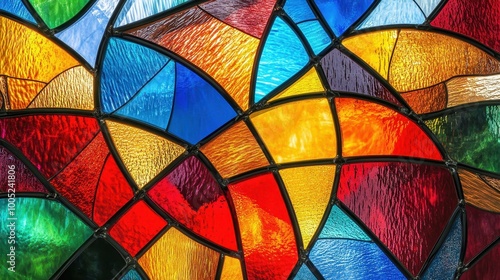 Stunning stained glass closeup showcasing vibrant patterns and textures illuminated by soft sunlight. Perfect for modern art lovers.