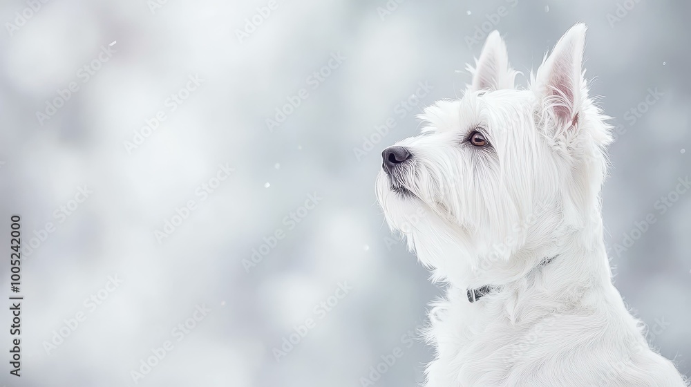 A fluffy white dog with a cute black nose stands out against a soft, blurred background, radiating joy. A fluffy white dog with a cute black nose stands out against a soft, blurred background, radiating joy.