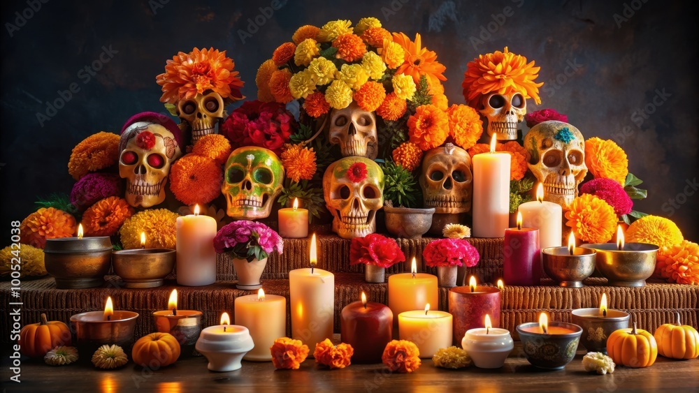 Traditional Day of the Dead ofrenda with marigold flowers, sugar skulls Traditional Day of the Dead ofrenda with marigold flowers, sugar skulls