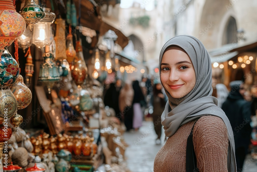 Woman Wearing Hijab Smiles at a Marketplace Woman Wearing Hijab Smiles at a Marketplace