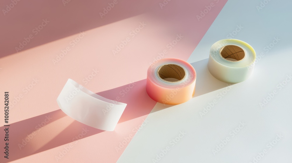 Colorful adhesive tape rolls on a pastel background. Bright stationery for crafting and decoration. Light and shadow play. Colorful adhesive tape rolls on a pastel background. Bright stationery for crafting and decoration. Light and shadow play.