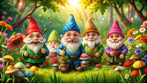 Whimsical illustration of six colorful gnomes in various poses, surrounded by lush greenery, flowers, and mushrooms, evoking a sense of fantasy and playfulness. photo