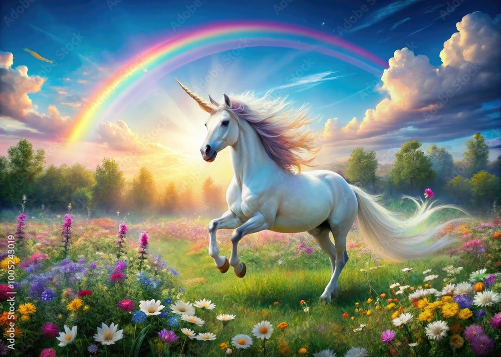 Fototapeta premium Whimsical, majestic unicorn prances in a lush, vibrant meadow filled with blooming wildflowers and sparkling rainbow-colored mist under a bright, sunny sky.