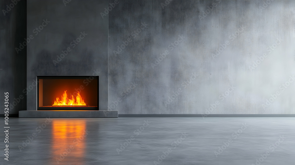 Fototapeta premium Modern interior with a minimalist fireplace, gray walls, and a sleek surface, ideal for contemporary design.