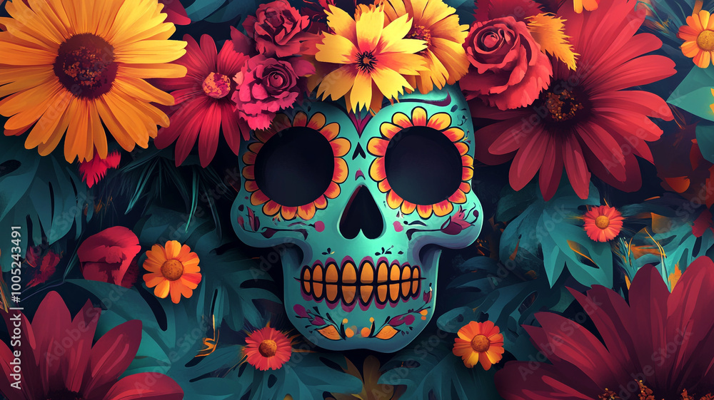 Beautiful sugar skull adorned with vibrant flowers for Day of the Dead celebration in Mexico Beautiful sugar skull adorned with vibrant flowers for Day of the Dead celebration in Mexico