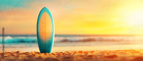 Surfboard standing on the beach at sunset, vibrant colors creating a warm and inviting atmosphere. photo