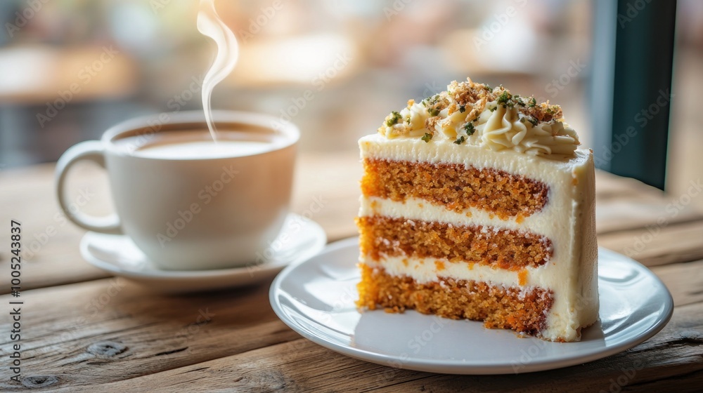A slice of Carrot Cake with a Cup of Coffee