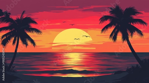 Sunset over the ocean with two palm trees in silhouette.