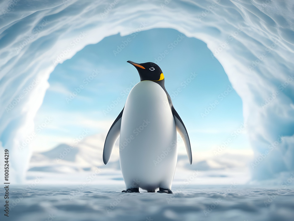 Obraz premium Penguin standing on ice, with a bright blue sky and snow background, embodying a serene winter landscape.