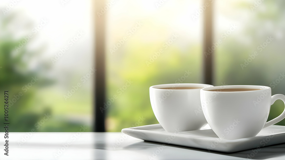 Two white cups of coffee on a plate, with a blurred lush green background, creating a warm, inviting atmosphere. Two white cups of coffee on a plate, with a blurred lush green background, creating a warm, inviting atmosphere.