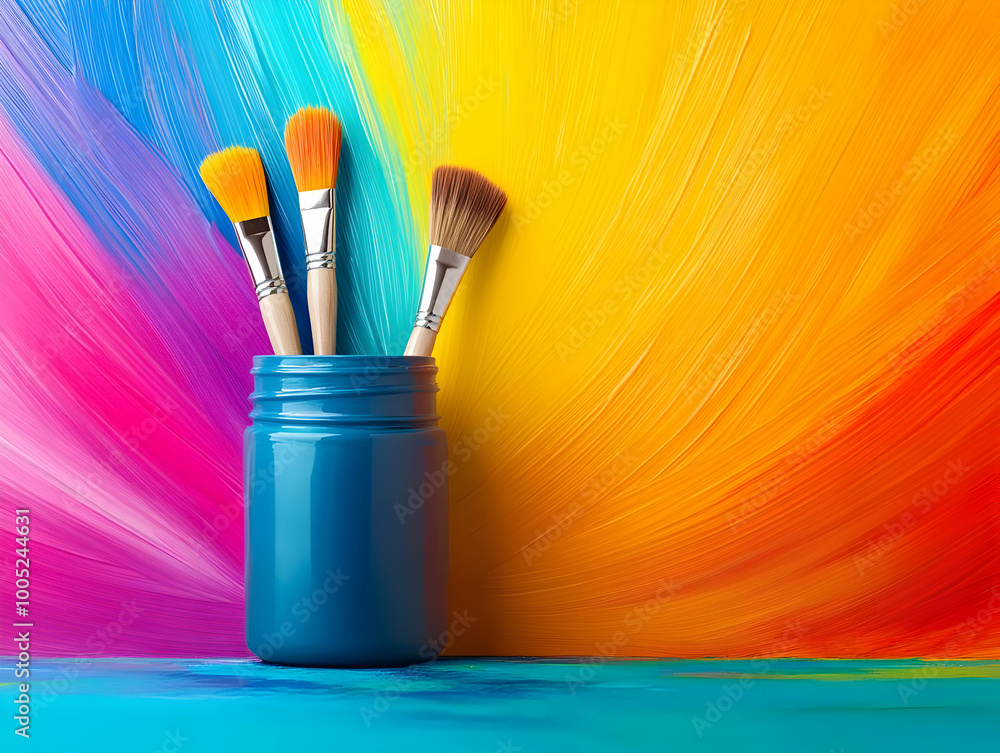 Fototapeta premium Vibrant paintbrushes in a colorful background, perfect for art inspiration and creativity.